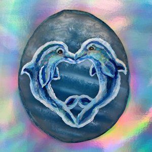 Kissing Dolphins on Blue Agate Slice Hand Painted